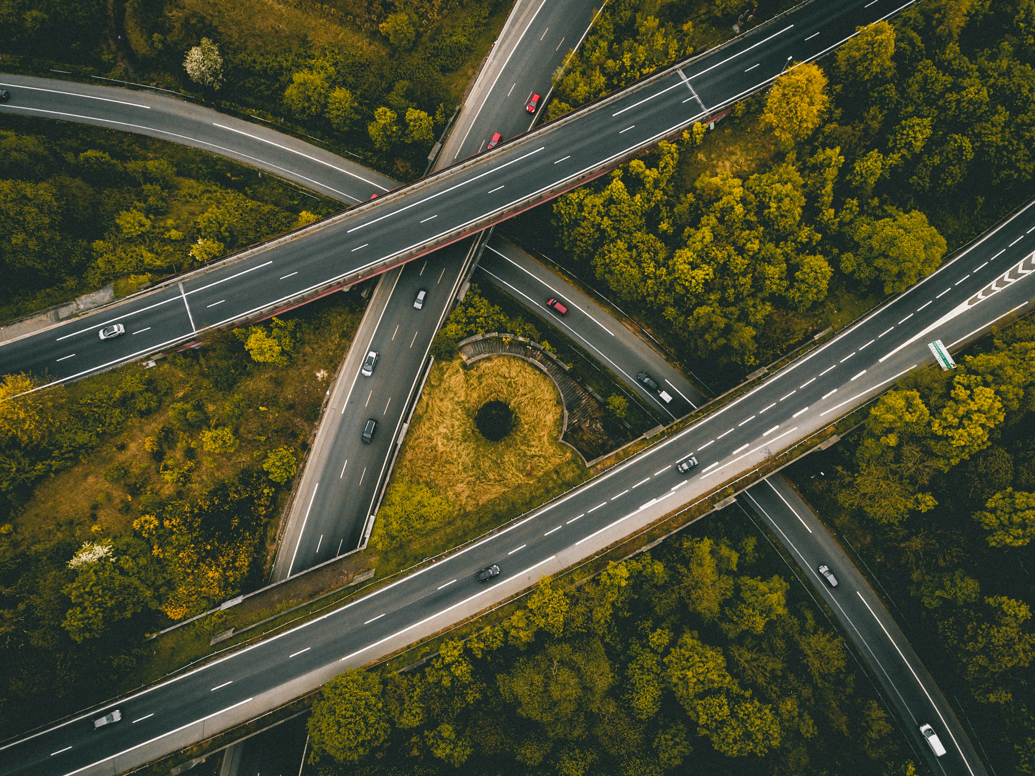 Aerial view of highway with cars